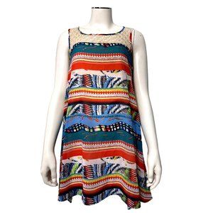 Ali Miles Sheer Colorful Hi Low Tunic Tank Top Lace Neck Line Cotton Nylon Sz S
